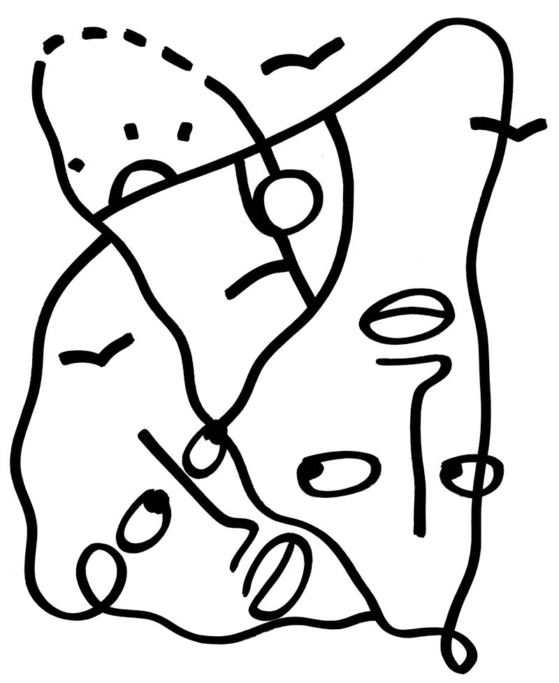 black and white line drawing of faces