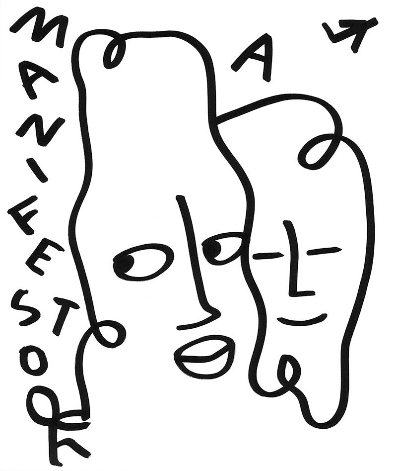 black and white line drawing of faces