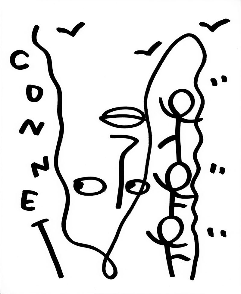 black and white line drawing of faces