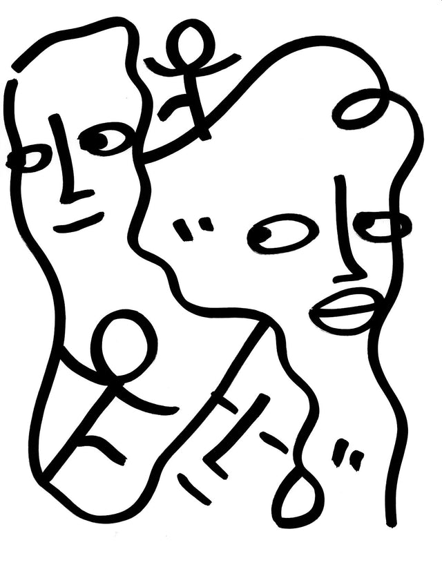 Three faces two stick figures