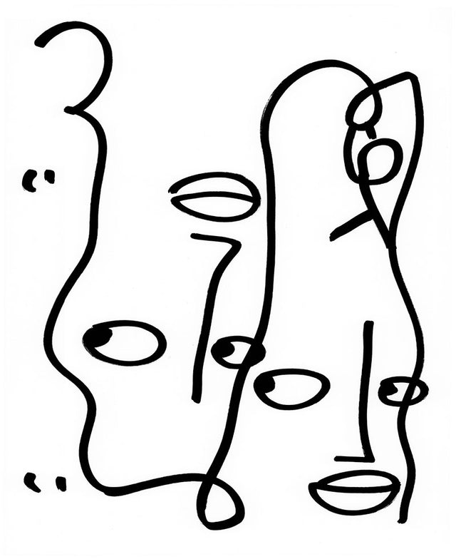 black and white line drawing of faces